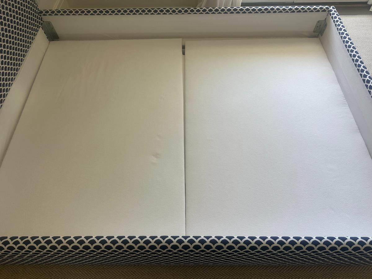 Custom Blue & White Upholstered Queen Bed