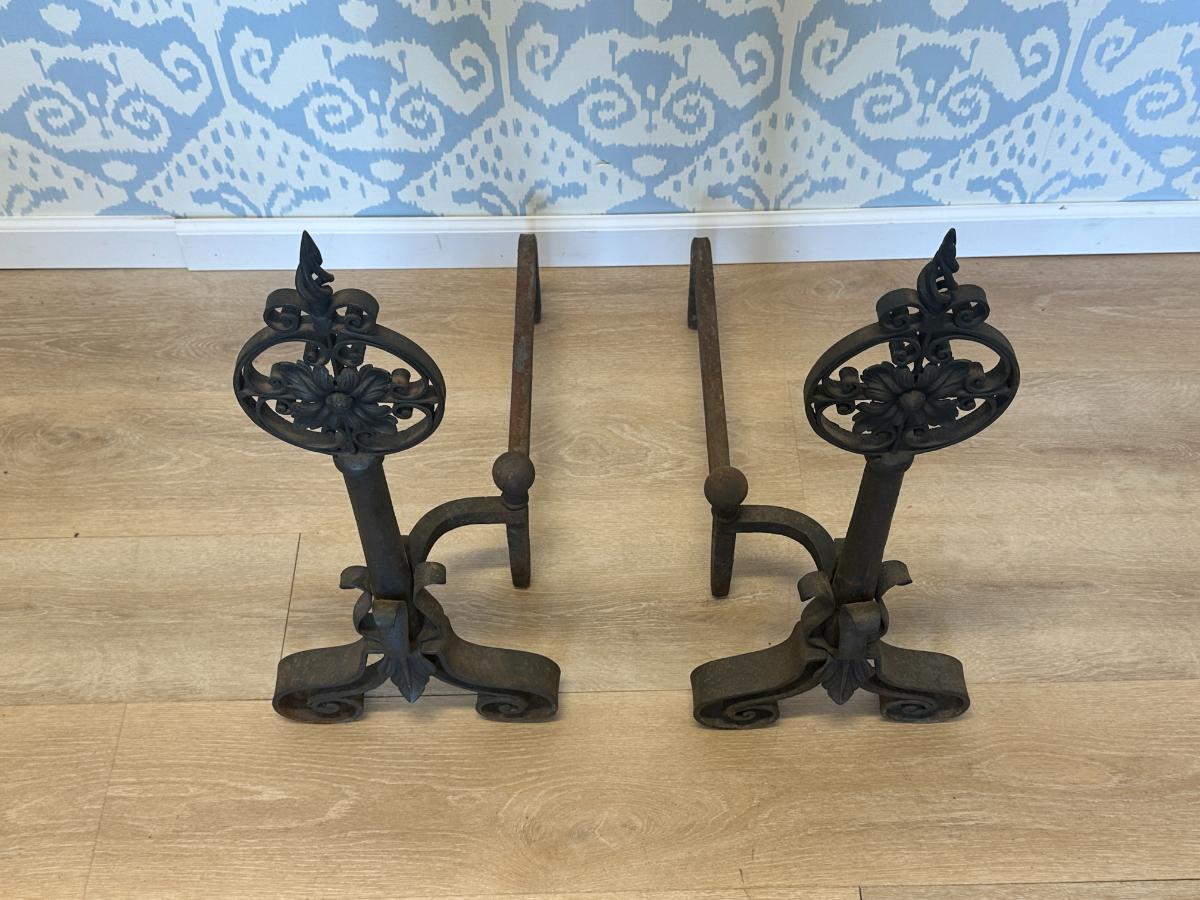 Large Cast Iron Floral Medallion Andirons
