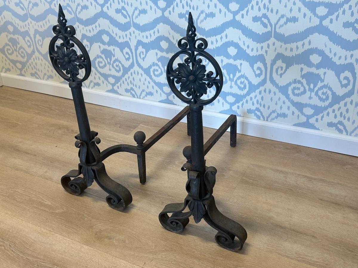 Large Cast Iron Floral Medallion Andirons