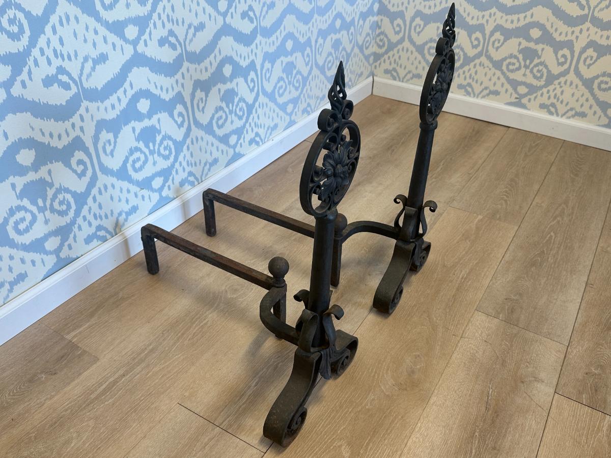Large Cast Iron Floral Medallion Andirons