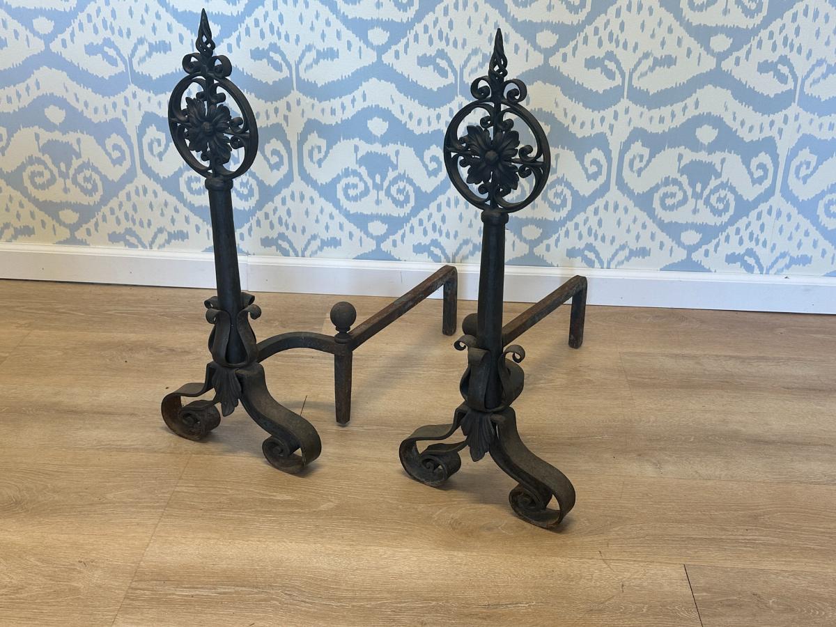 Large Cast Iron Floral Medallion Andirons