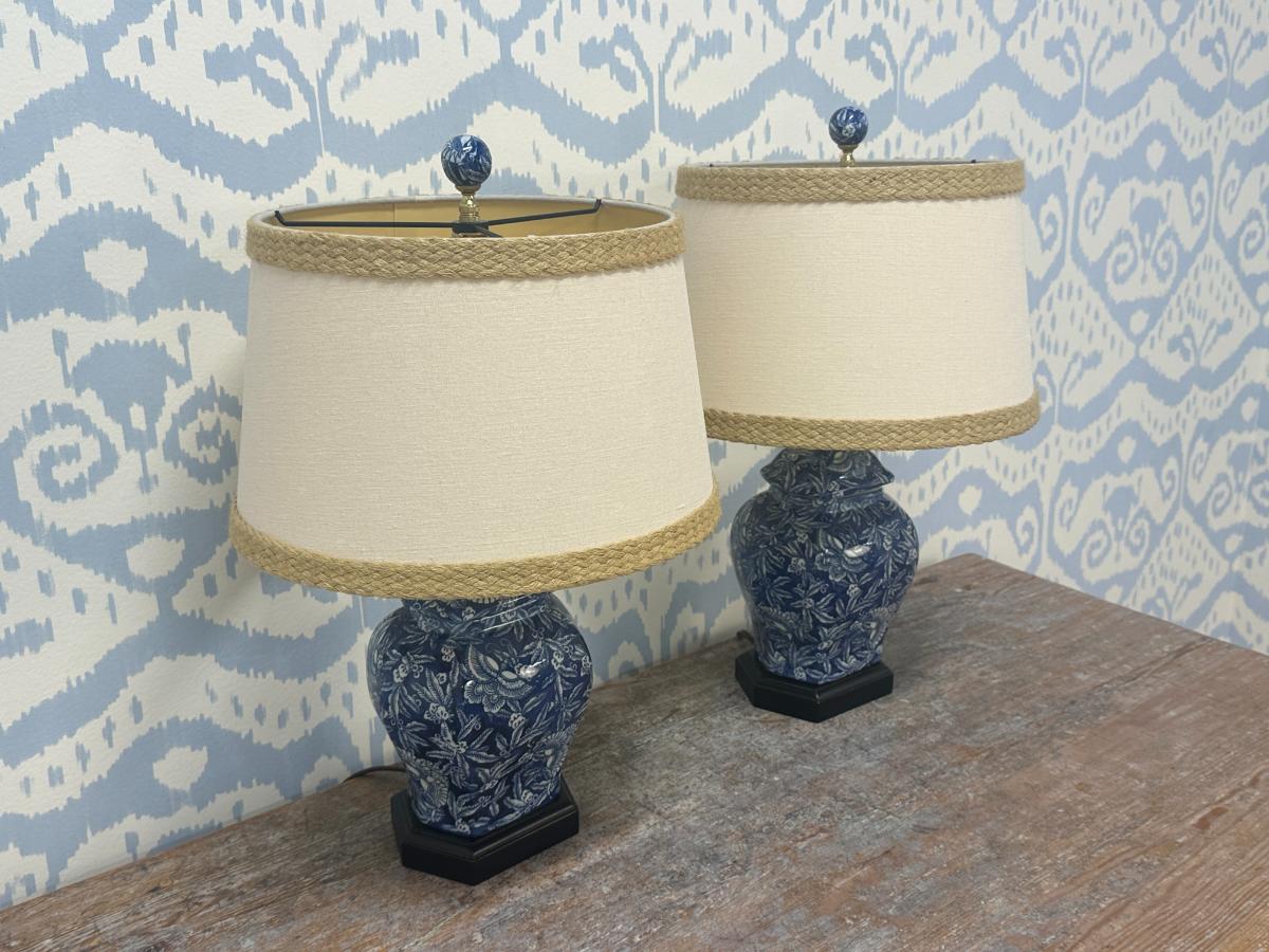 Blue & White Ceramic Lamps, Pair