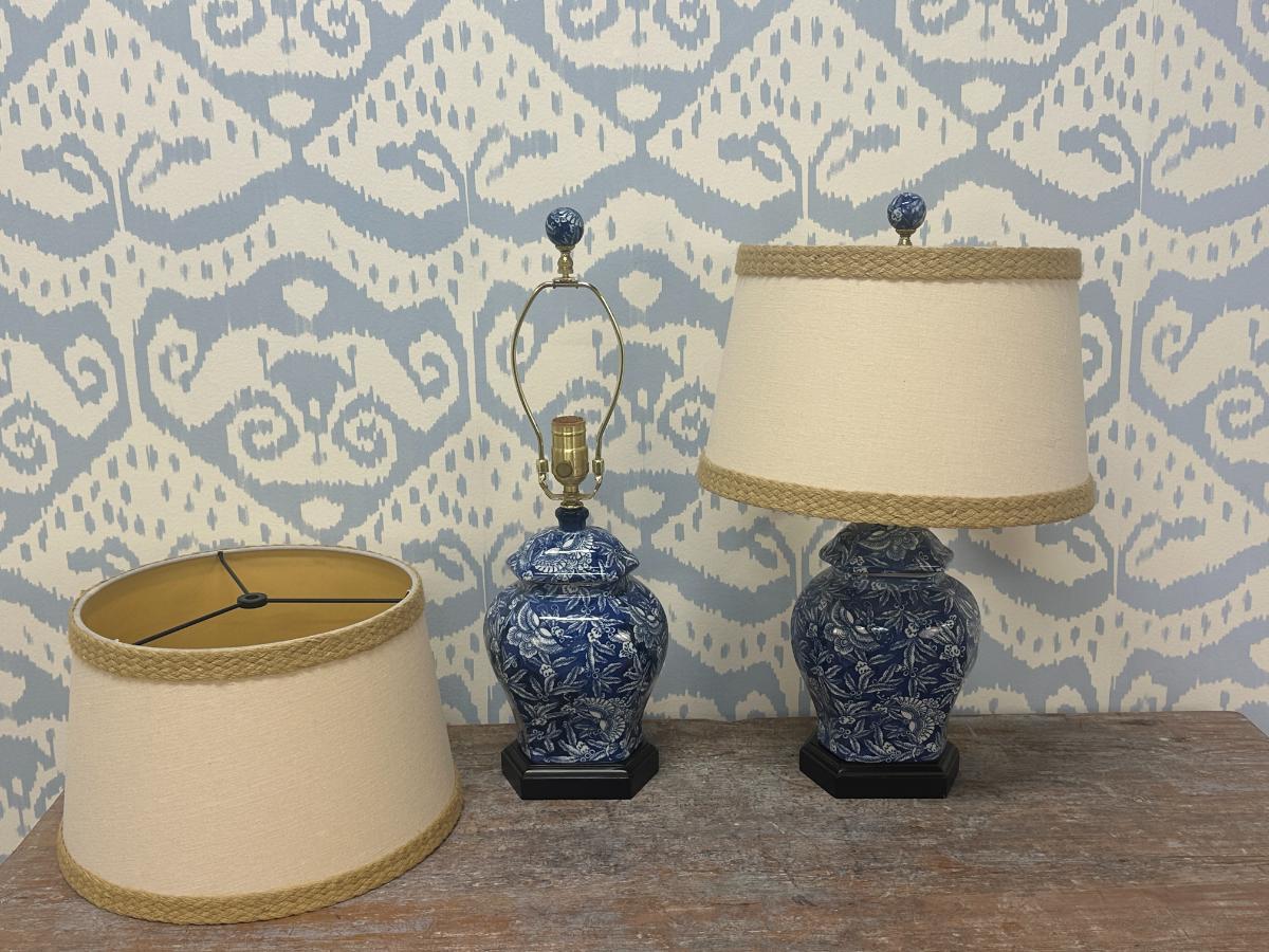 Blue & White Ceramic Lamps, Pair