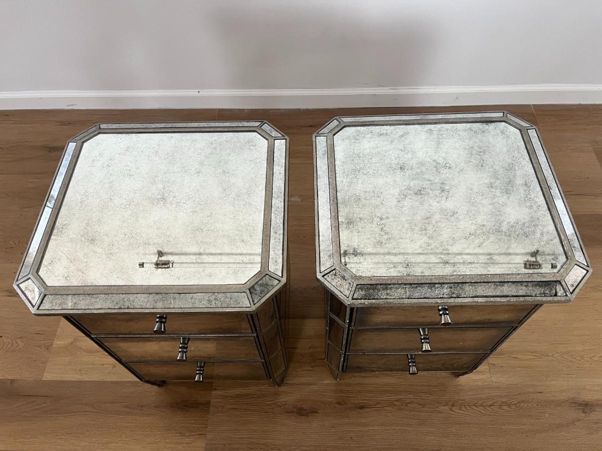 Restoration Hardware Ava Mirrored 3 Drawer Nightstands, Pair