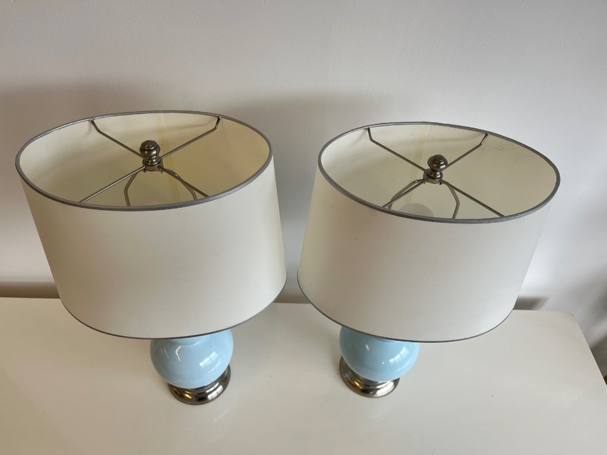 Small Double Gourd Baby Blue Table Lamps, Pair