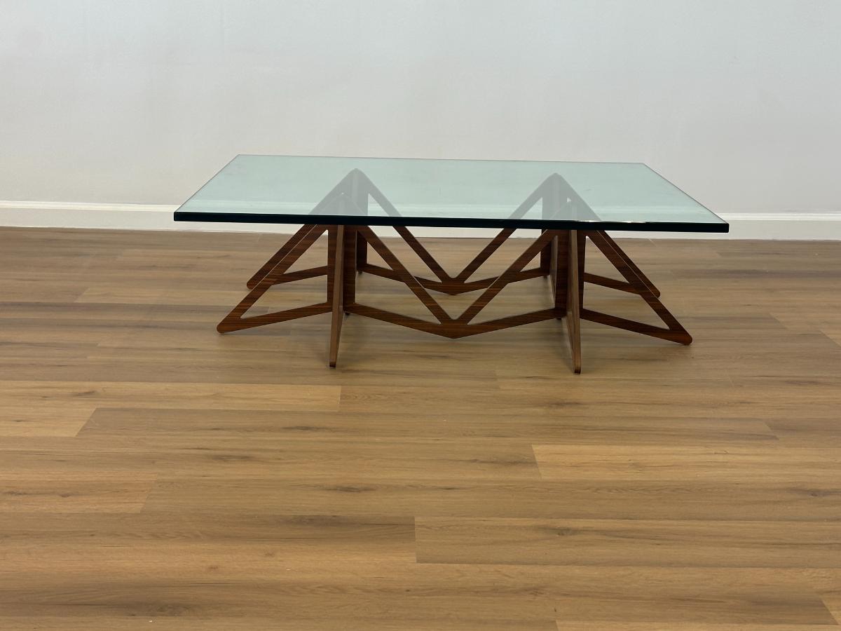 Vintage Walnut Base Cocktail Table with Square Glass Top