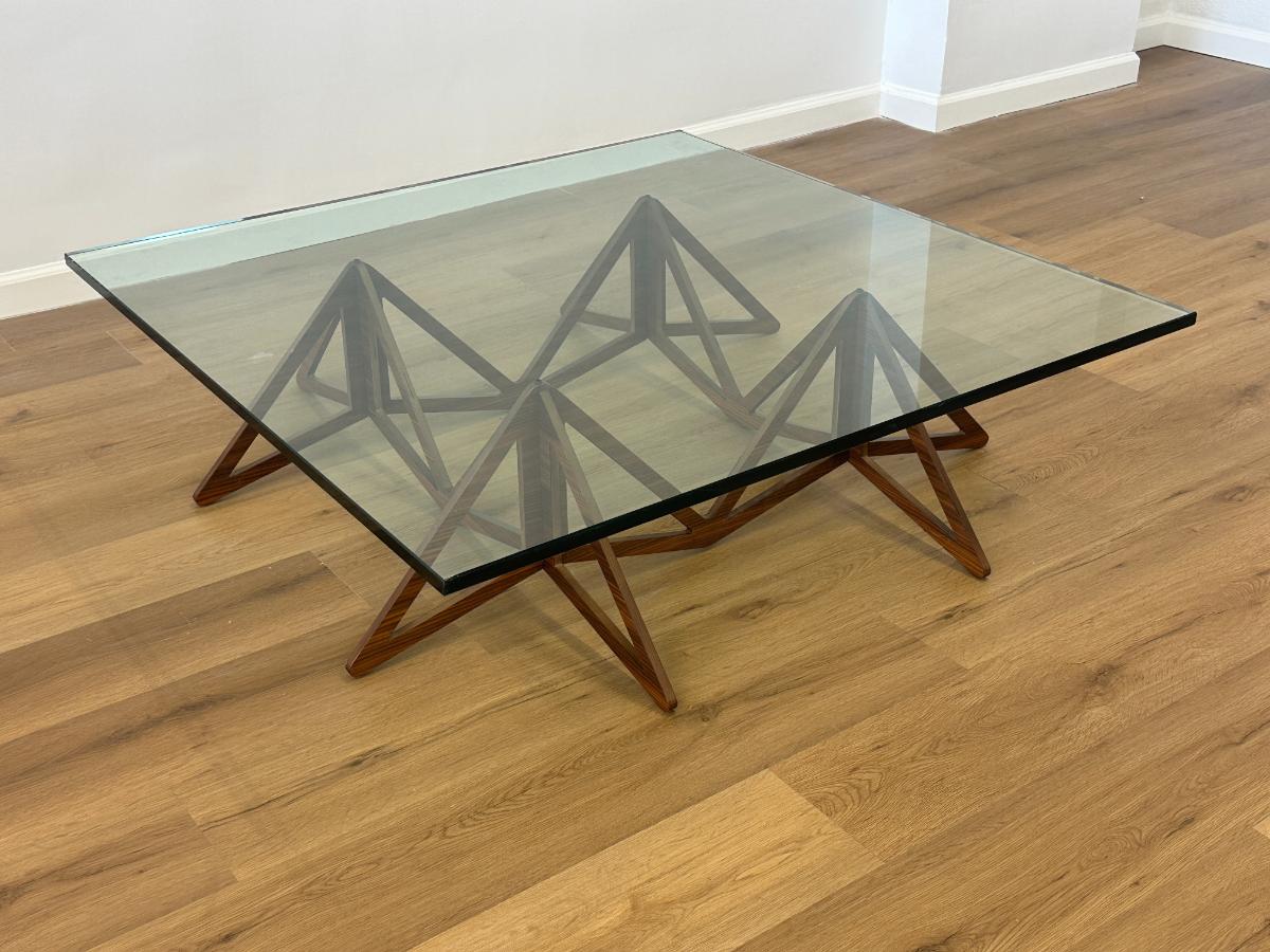 Vintage Walnut Base Cocktail Table with Square Glass Top