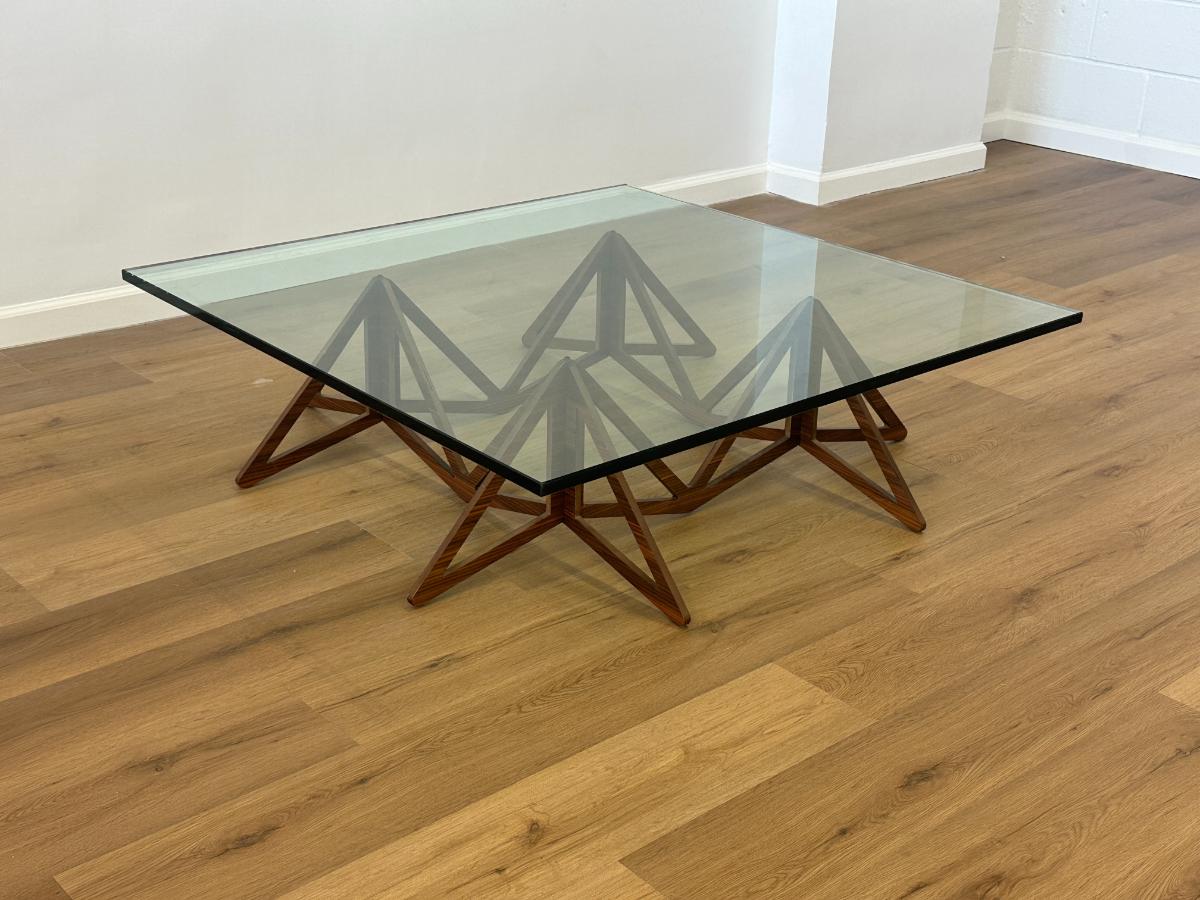 Vintage Walnut Base Cocktail Table with Square Glass Top