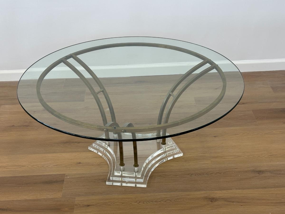 Mid Century Modern Round Glass Top Coffee Table with Brass and Lucite Base