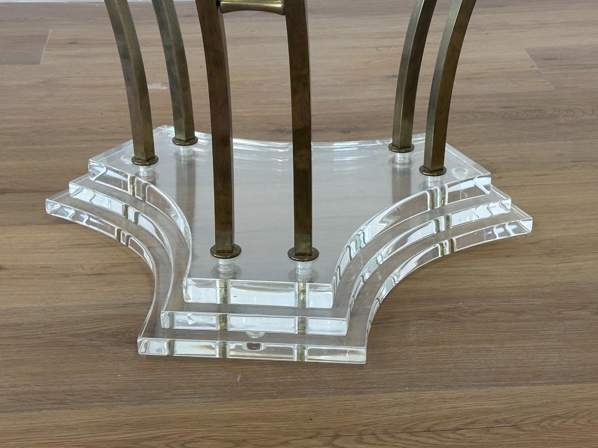 Mid Century Modern Round Glass Top Coffee Table with Brass and Lucite Base