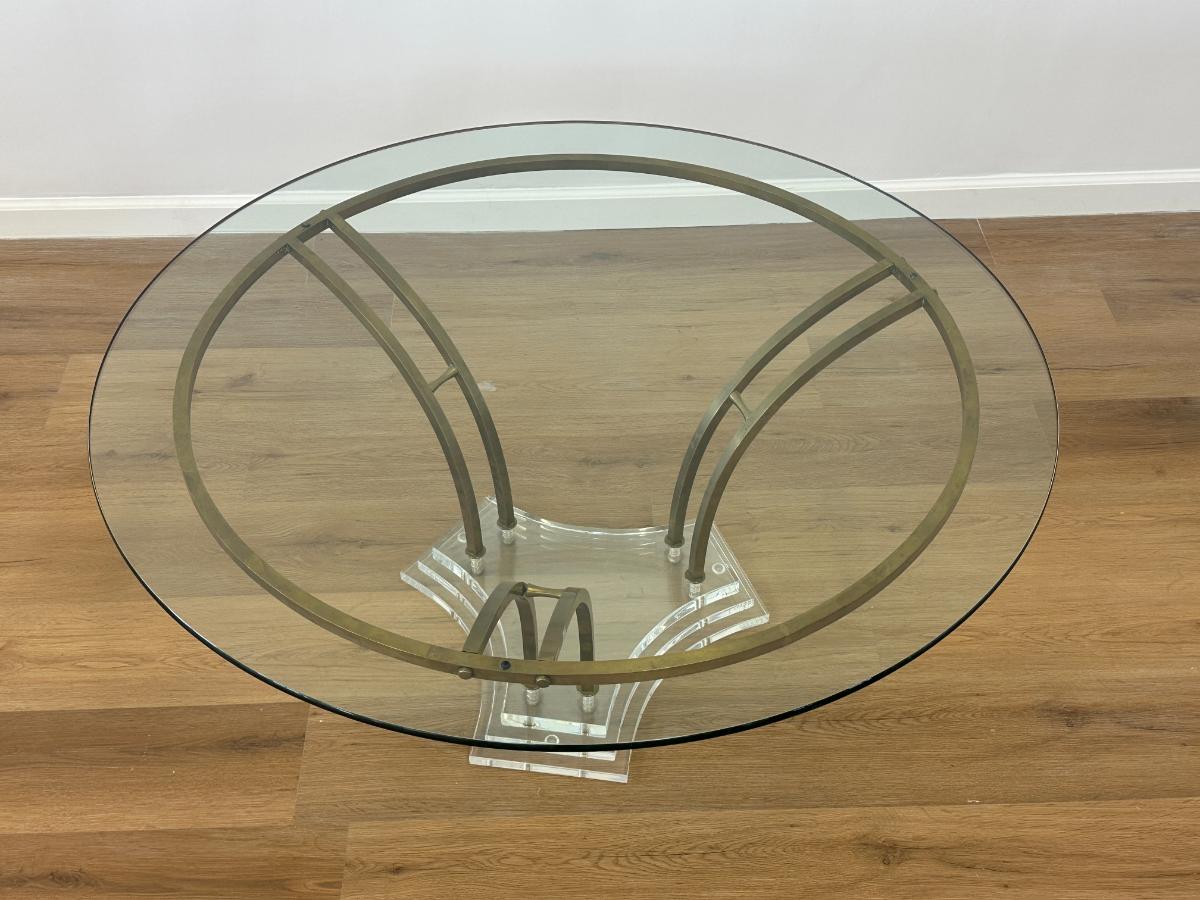 Mid Century Modern Round Glass Top Coffee Table with Brass and Lucite Base