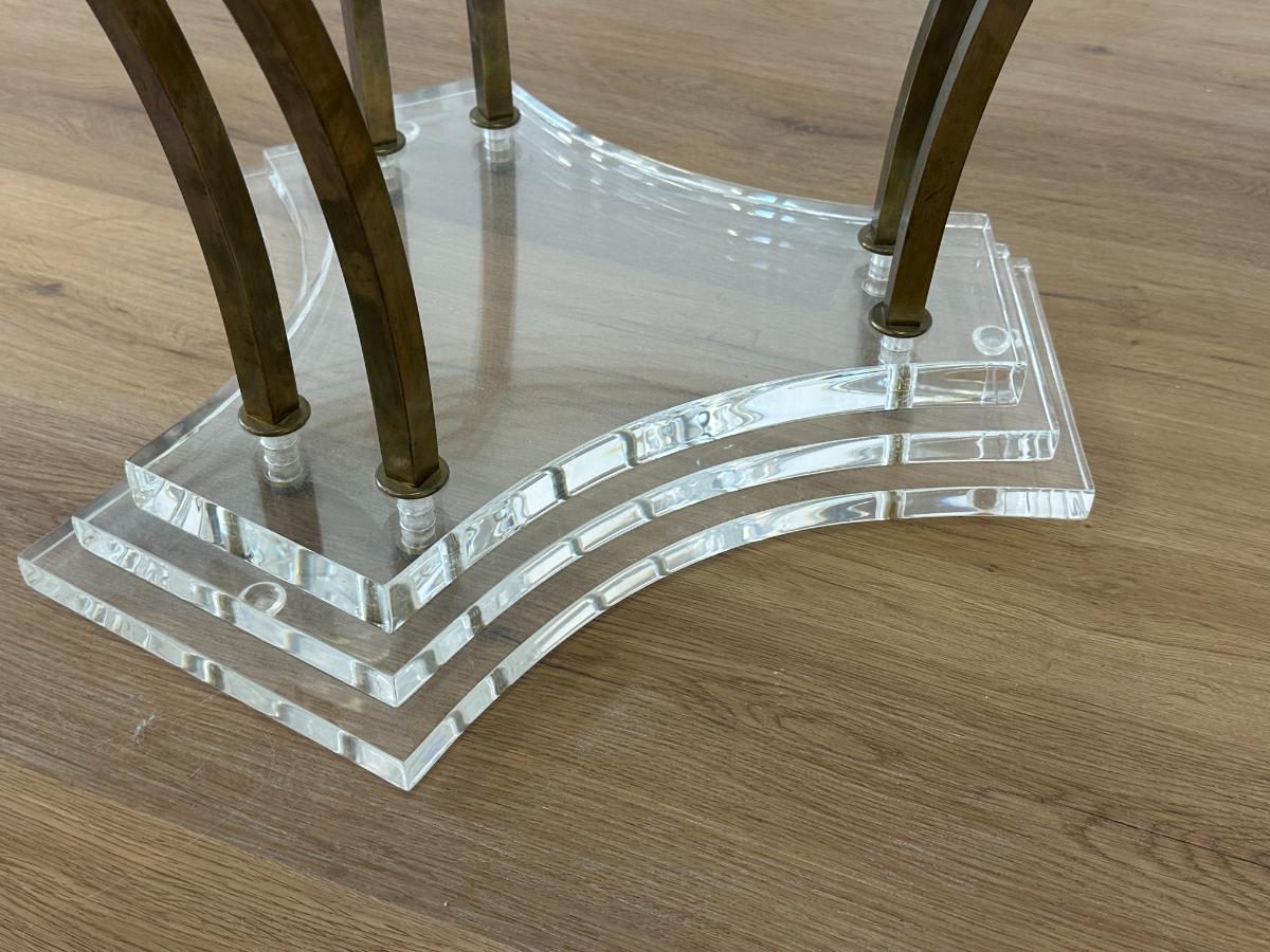 Mid Century Modern Round Glass Top Coffee Table with Brass and Lucite Base