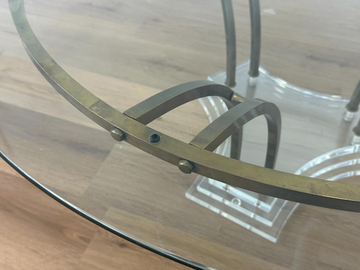 Mid Century Modern Round Glass Top Coffee Table with Brass and Lucite Base