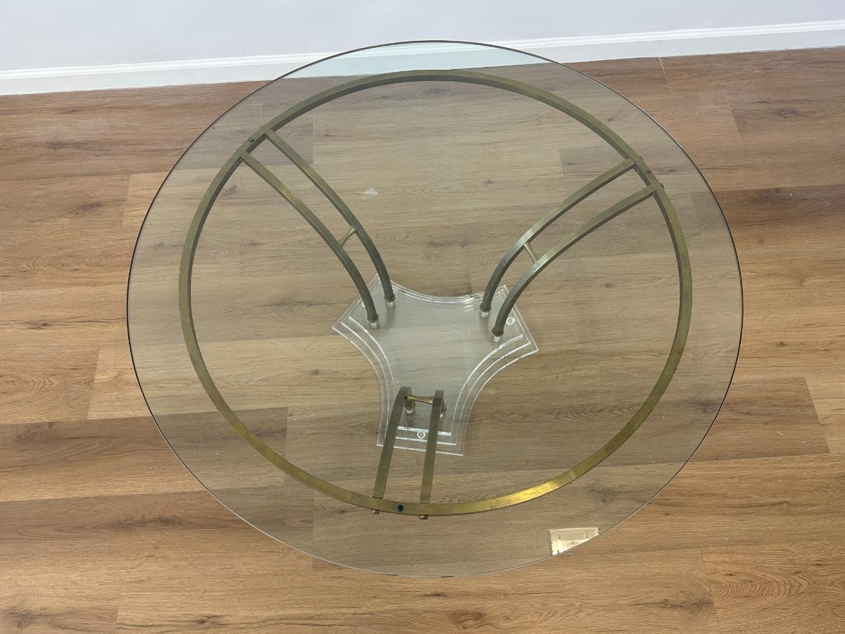 Mid Century Modern Round Glass Top Coffee Table with Brass and Lucite Base