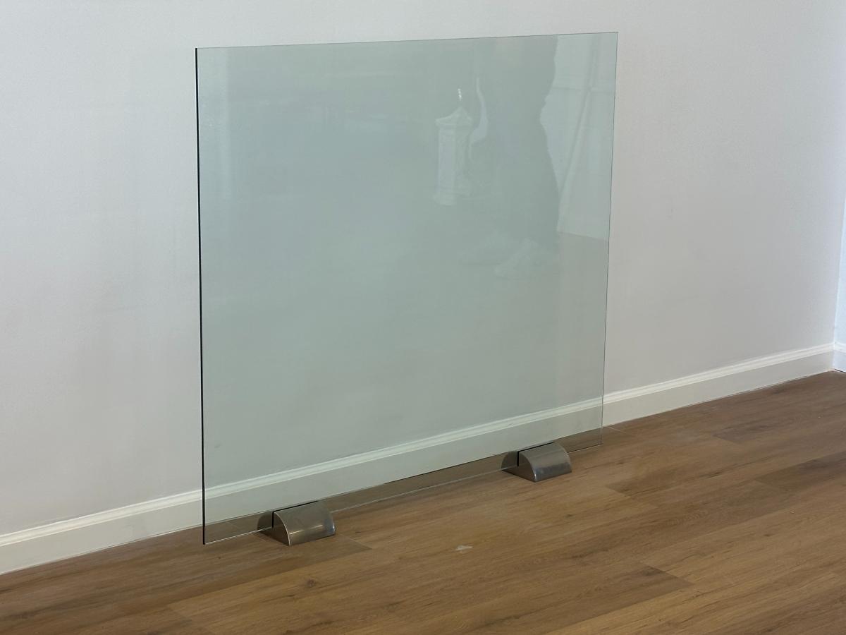 Modern Glass Fireplace Screen with Satin Nickel Base