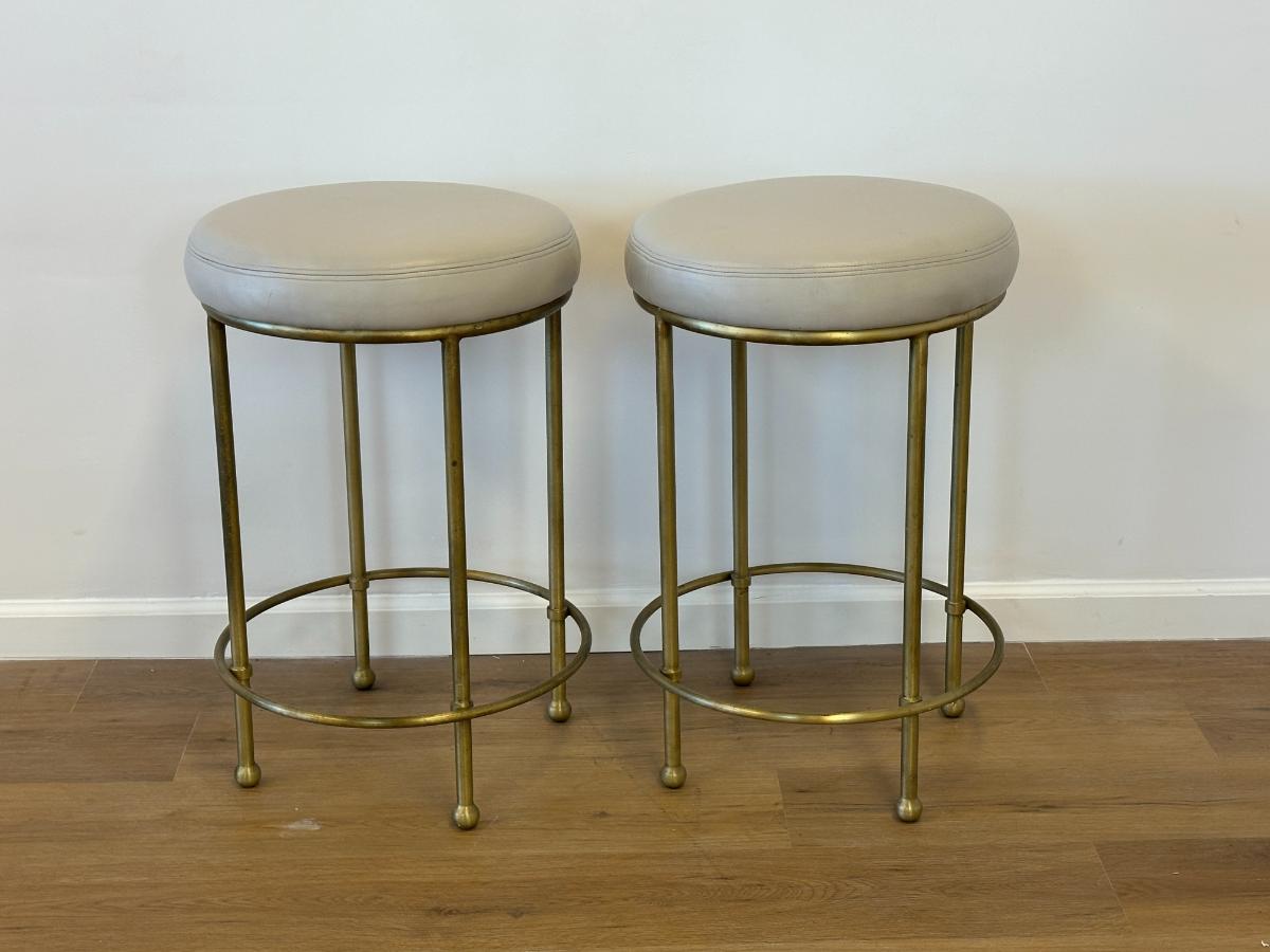 Round Leather and Brass Counter Stools, Pair
