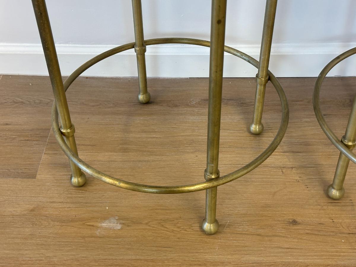Round Leather and Brass Counter Stools, Pair