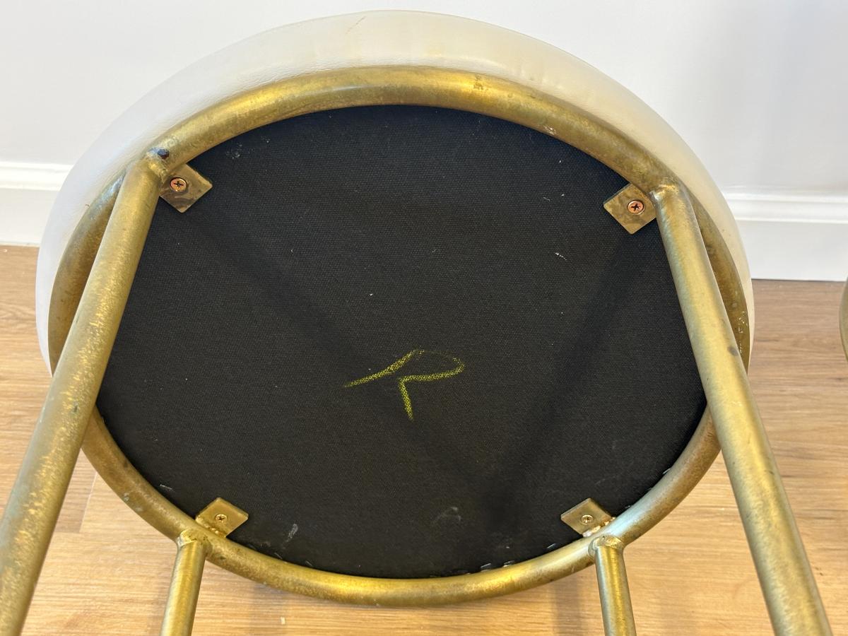 Round Leather and Brass Counter Stools, Pair