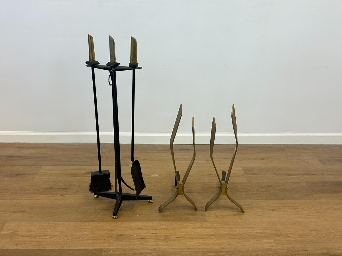Brass Andirons in the Style of Donald Deskey with Matching Tools