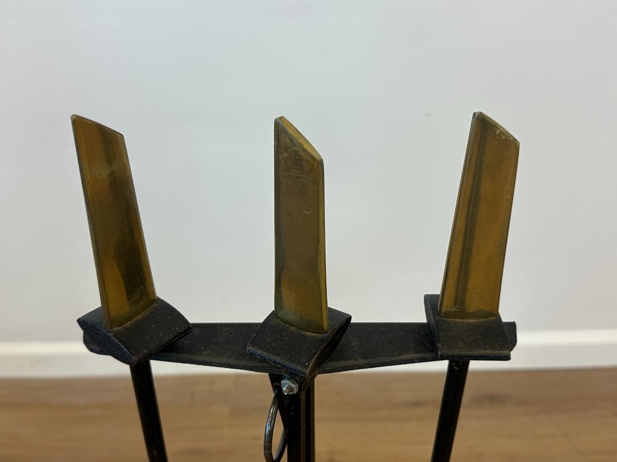 Brass Andirons in the Style of Donald Deskey with Matching Tools