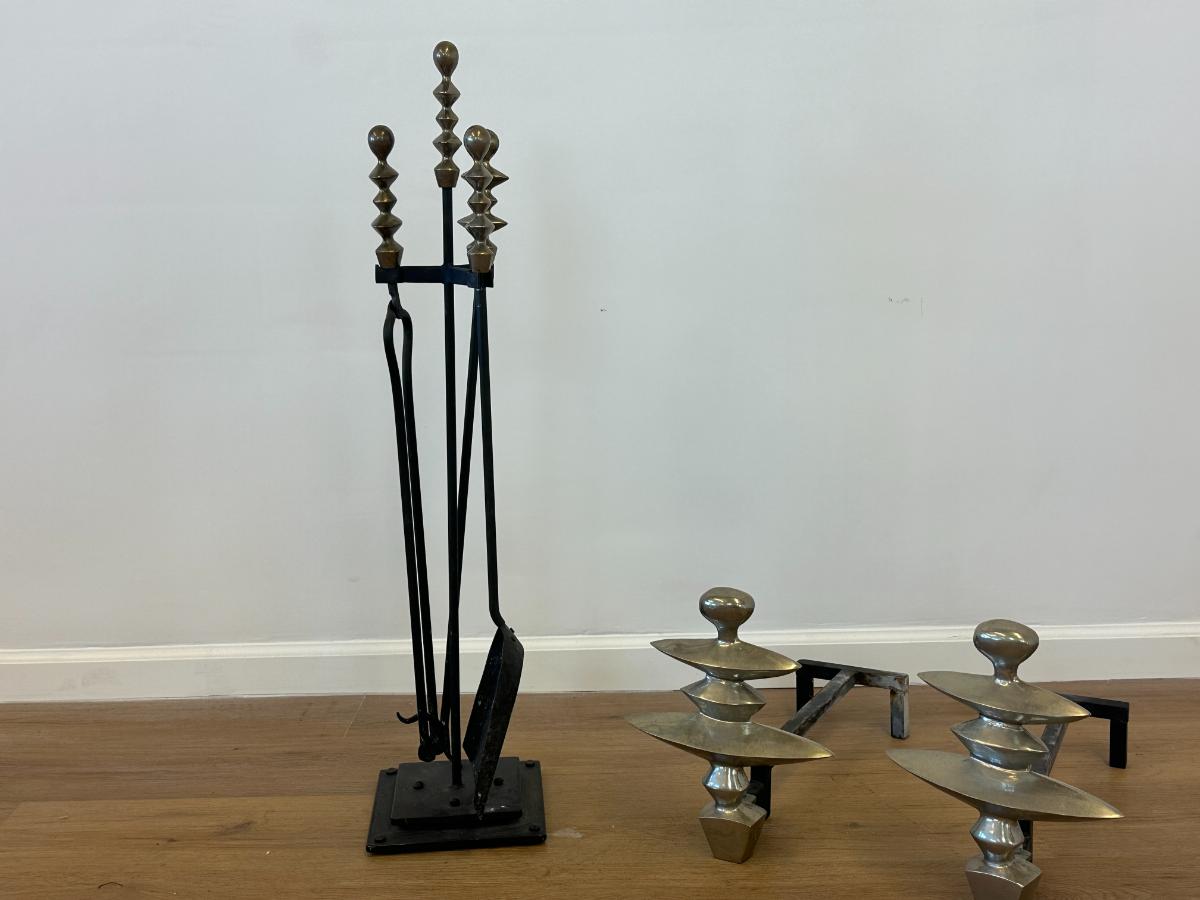 Alberto Giacometti Style Andirons with Matching Tools