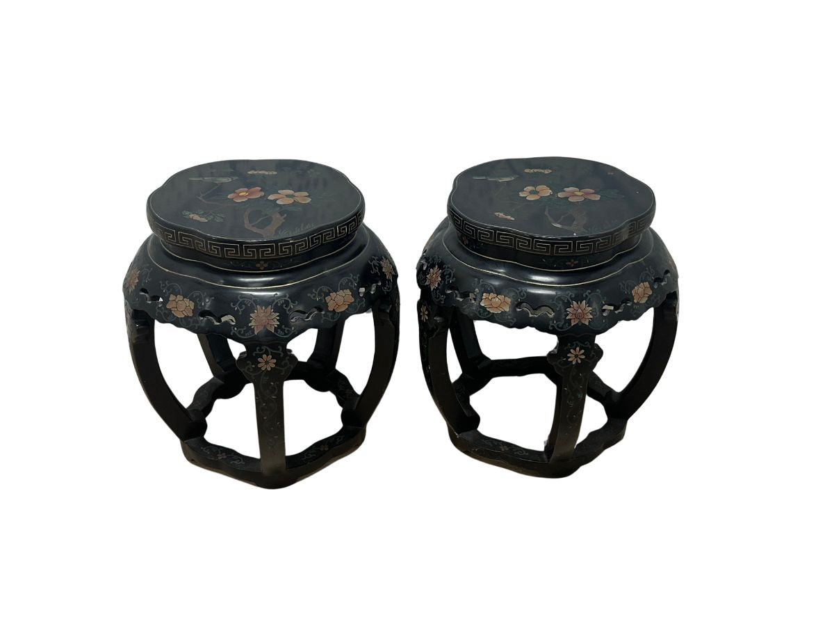 Mid-Century Chinese Hand-Painted Black Lacquer Lamp Tables, Pair