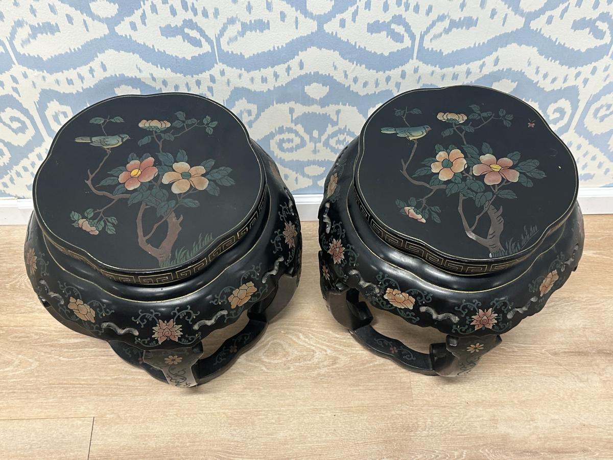 Mid-Century Chinese Hand-Painted Black Lacquer Lamp Tables, Pair
