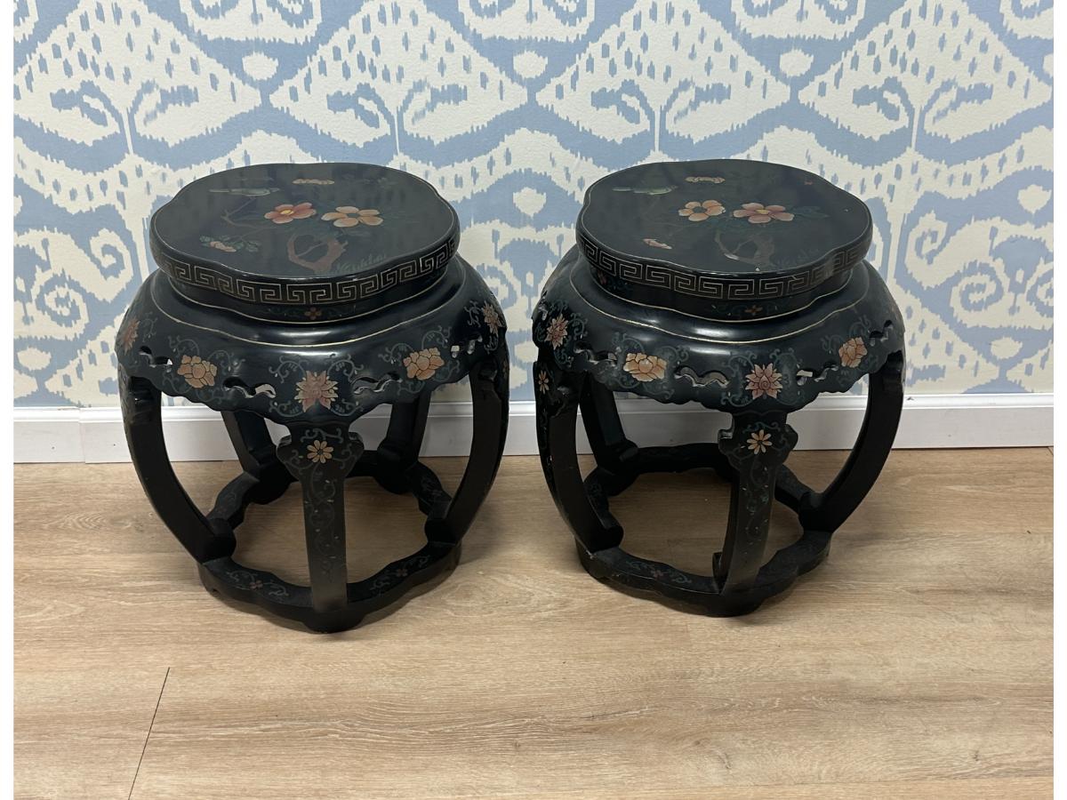 Mid-Century Chinese Hand-Painted Black Lacquer Lamp Tables, Pair