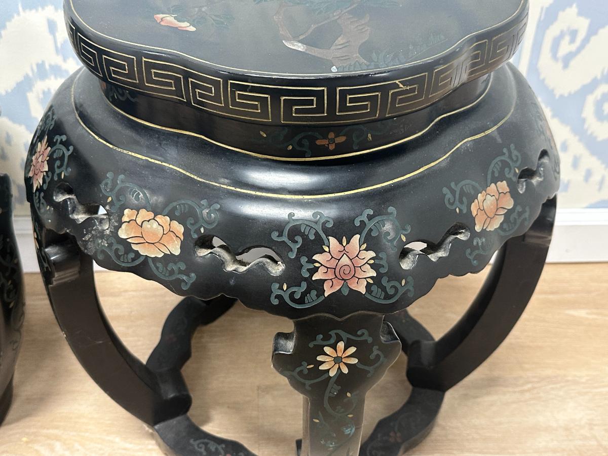 Mid-Century Chinese Hand-Painted Black Lacquer Lamp Tables, Pair
