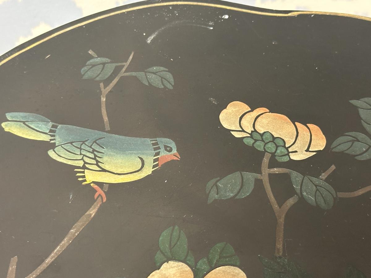 Mid-Century Chinese Hand-Painted Black Lacquer Lamp Tables, Pair