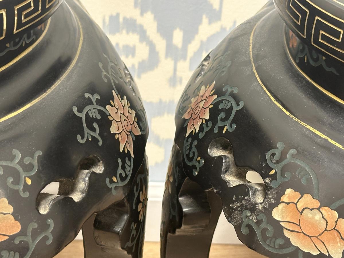 Mid-Century Chinese Hand-Painted Black Lacquer Lamp Tables, Pair