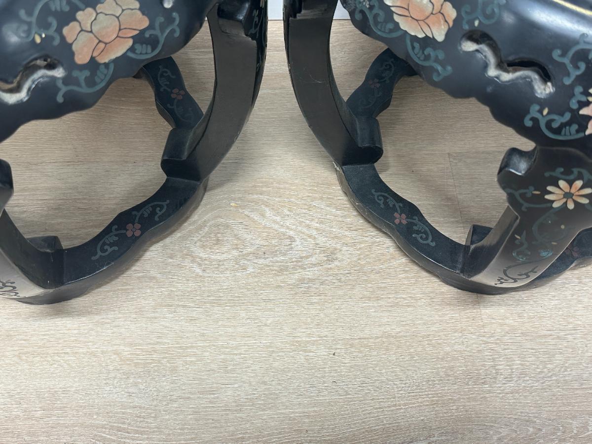 Mid-Century Chinese Hand-Painted Black Lacquer Lamp Tables, Pair