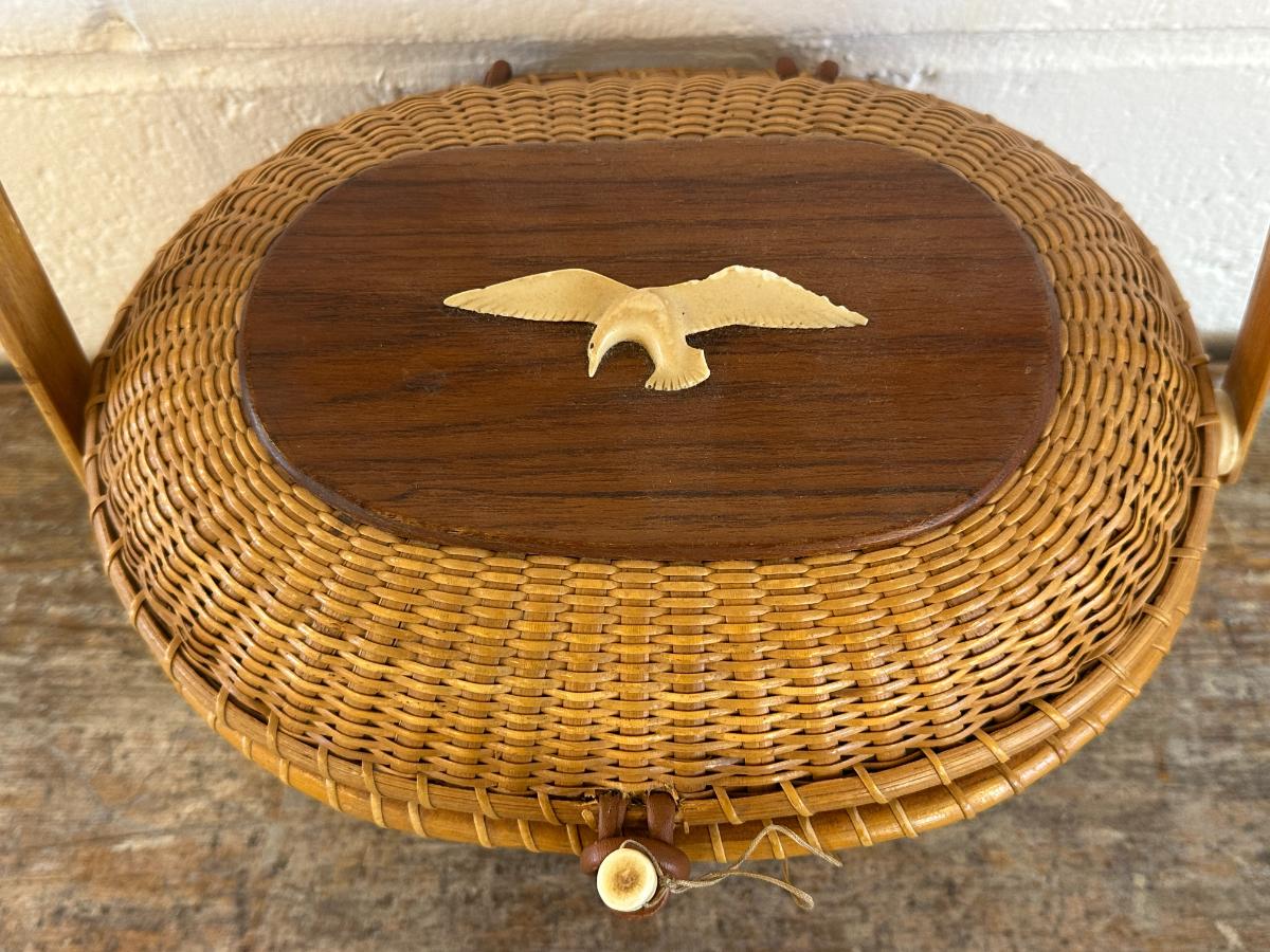 Vintage Nantucket Basket Purse with Bird, Signed, 1977