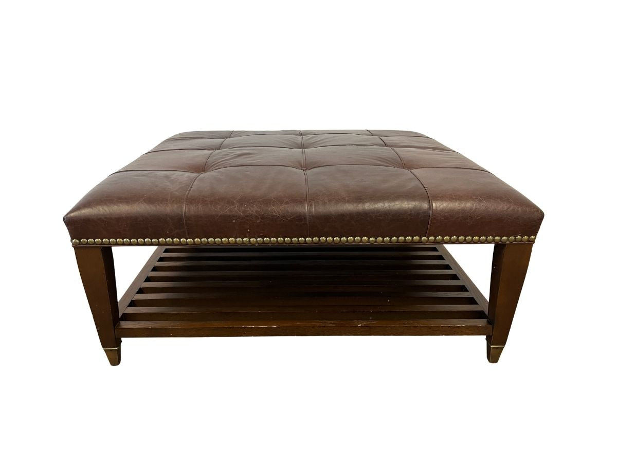 Tufted Cigar Leather Tiered Cocktail Ottoman with Solid Brass Sabot Feet
