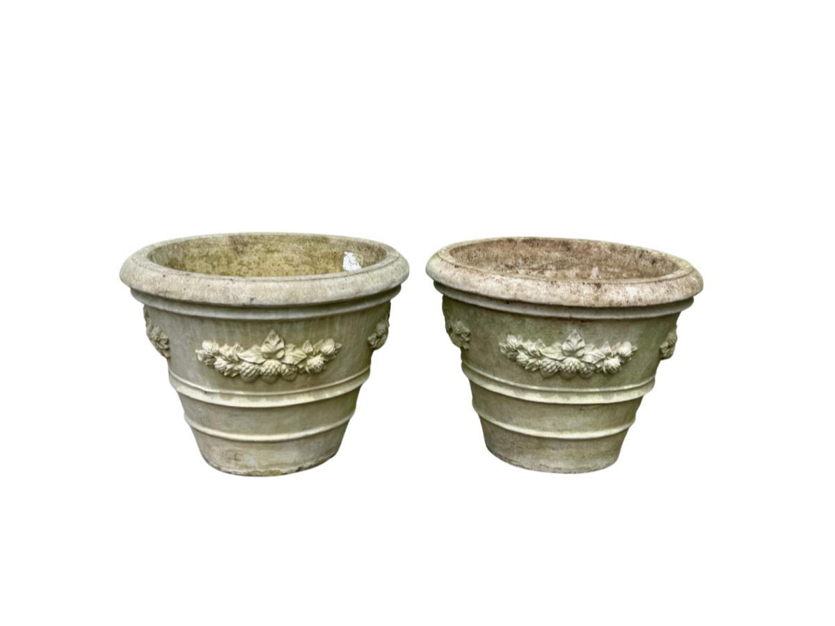 Nina Studio Cement Planters with Acorn Relief, Pair