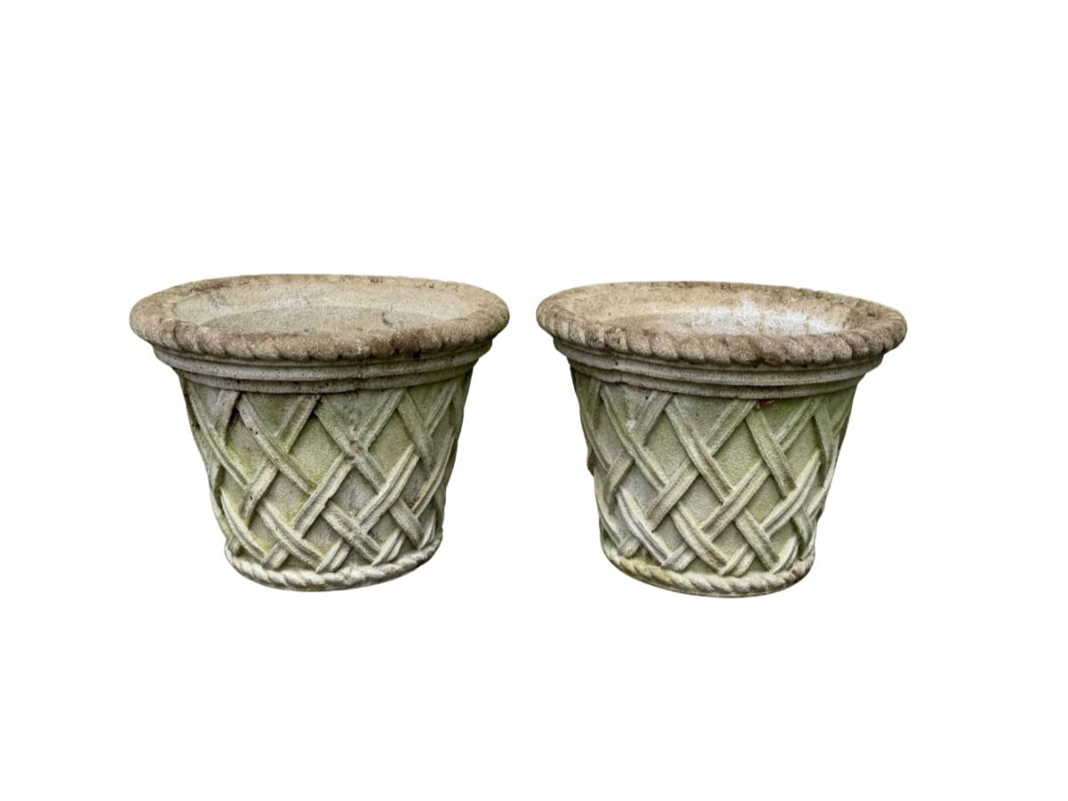 Campania English Weave Cast Stone Planters, Pair