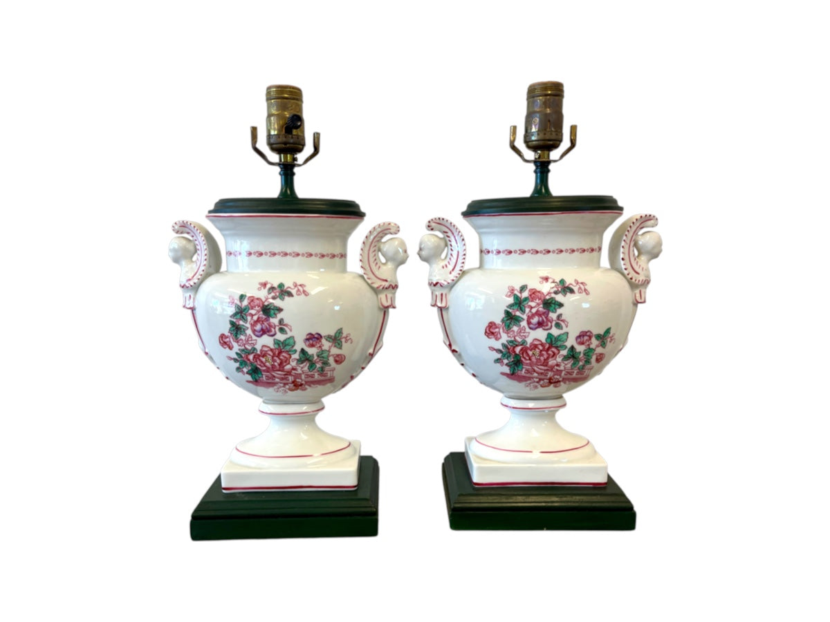 Vintage Neoclassical Porcelain Urn Lamps with Caryatid Handles, Pair
