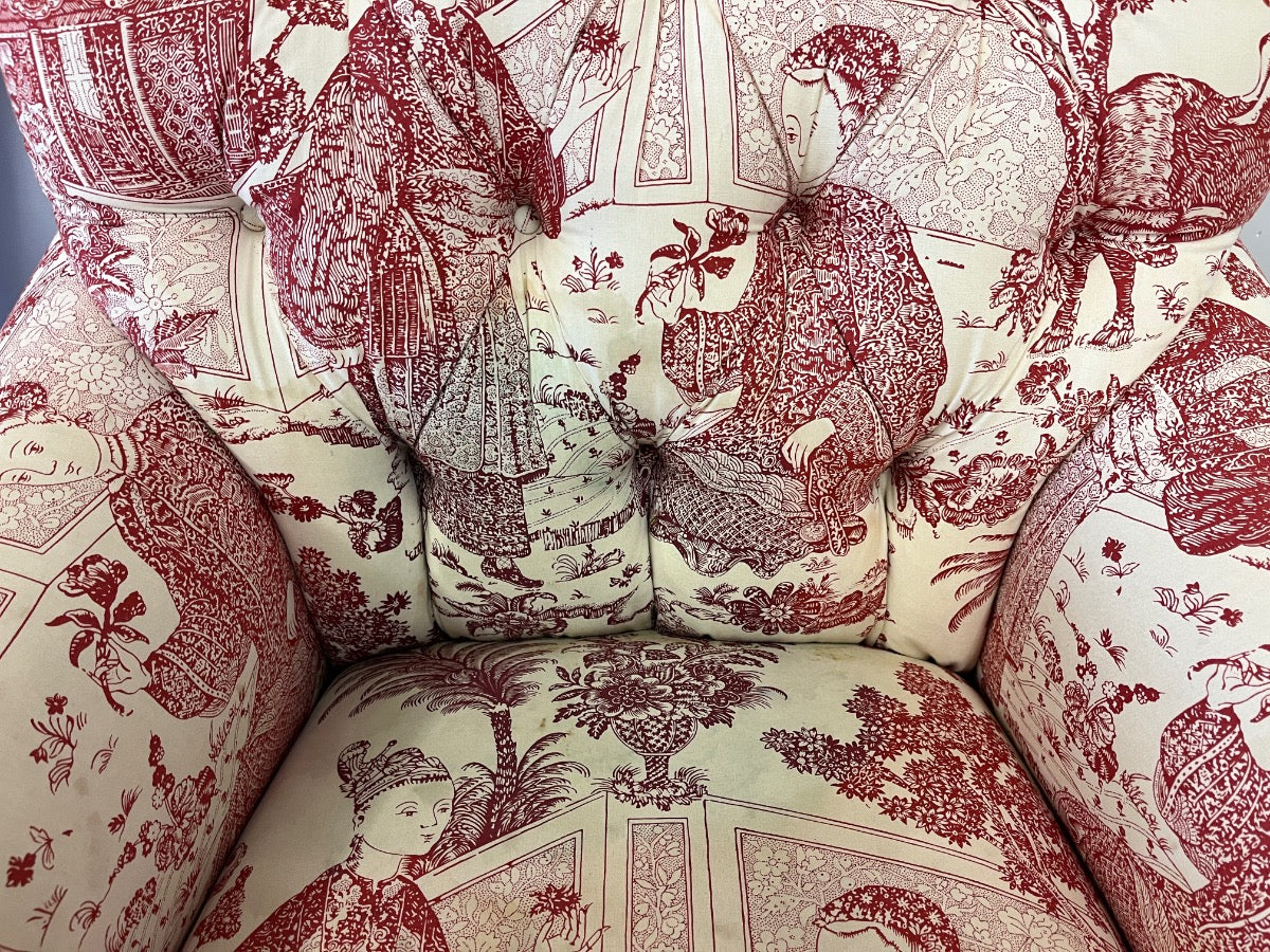 Custom Upholstered Edward Ferrell Tufted Back Club Chairs & Ottoman