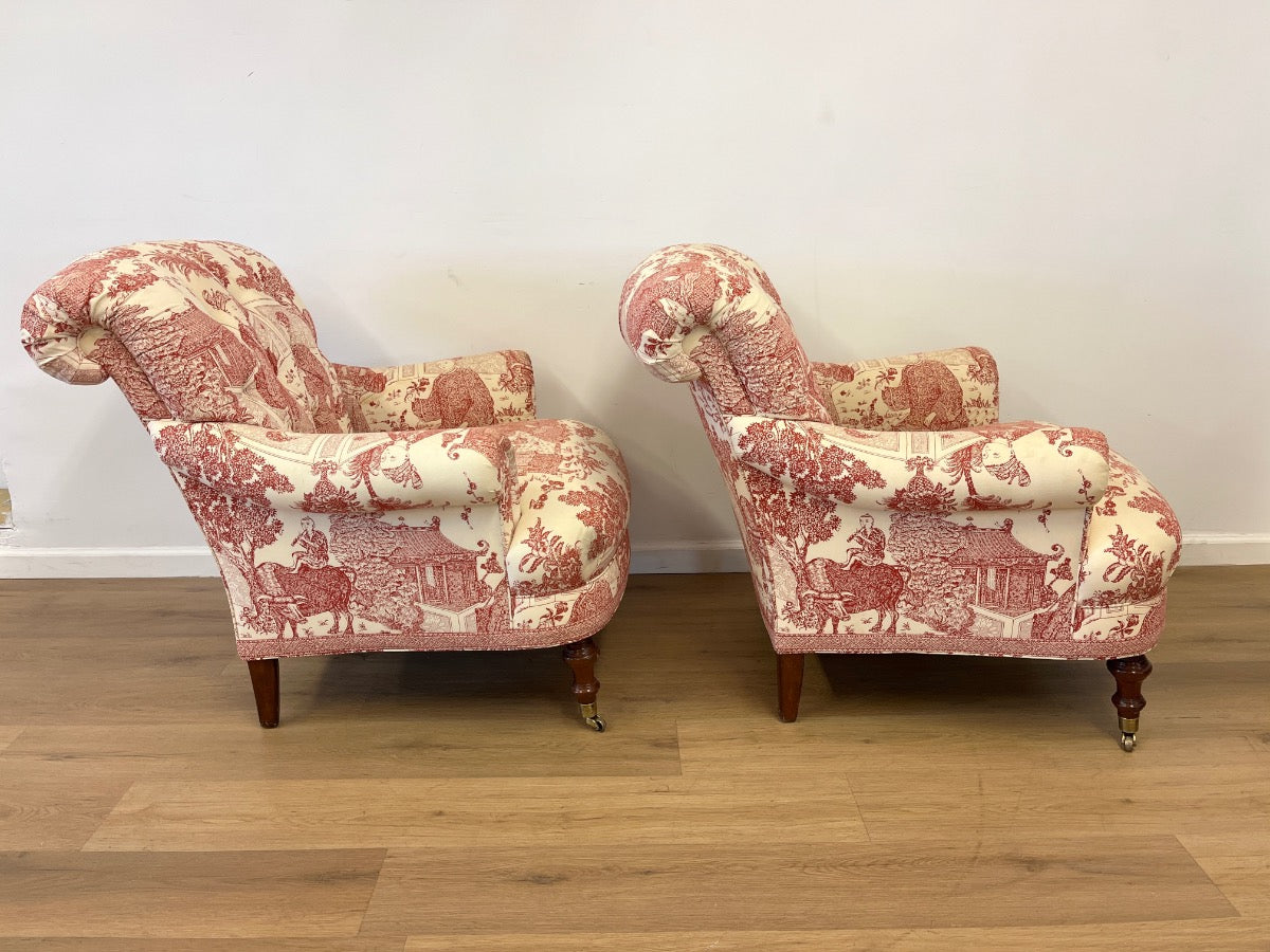 Custom Upholstered Edward Ferrell Tufted Back Club Chairs & Ottoman