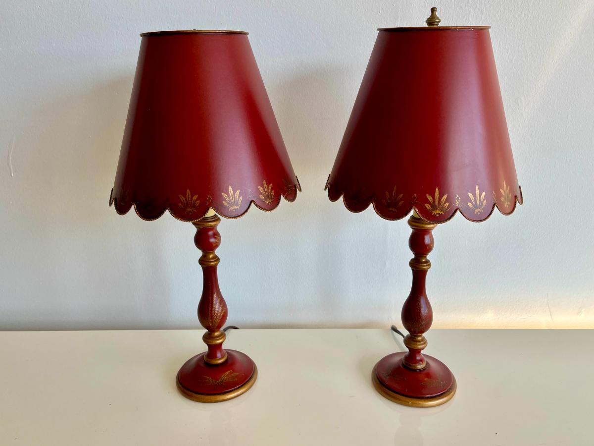 Red Candlestick Lamps with Tole Shades, Pair