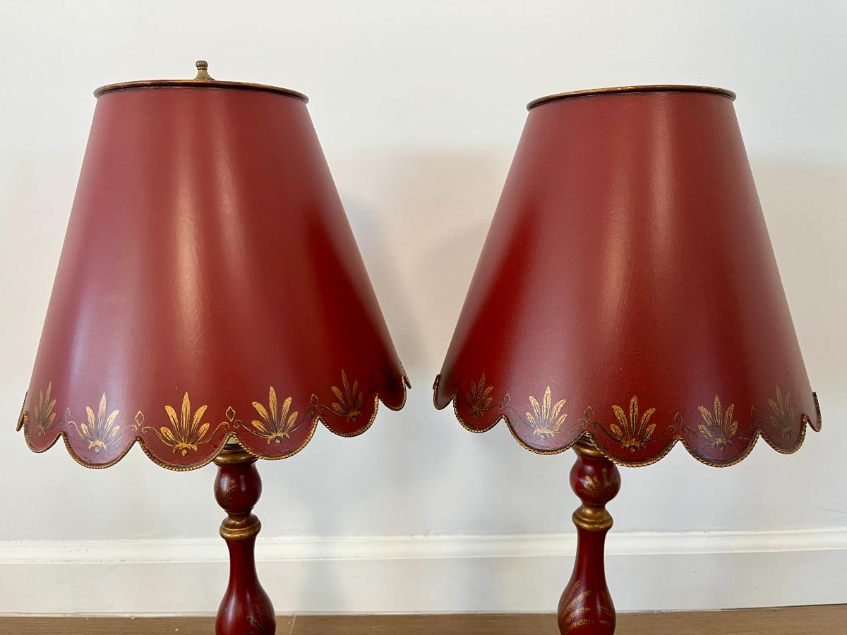 Red Candlestick Lamps with Tole Shades, Pair