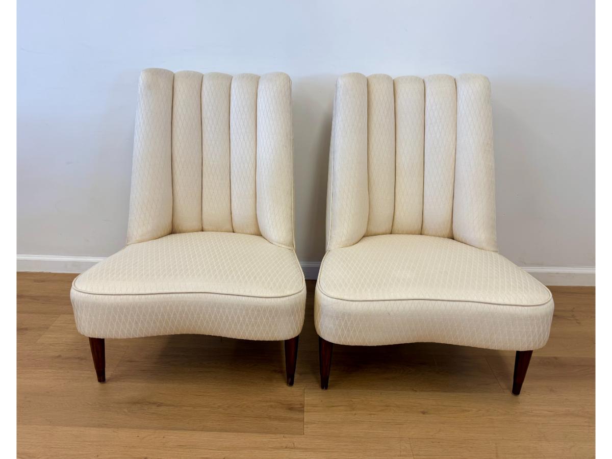 Vintage Channel Back Slipper Chairs in Ivory Upholstery, Pair