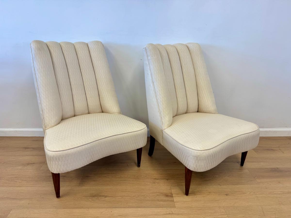 Vintage Channel Back Slipper Chairs in Ivory Upholstery, Pair
