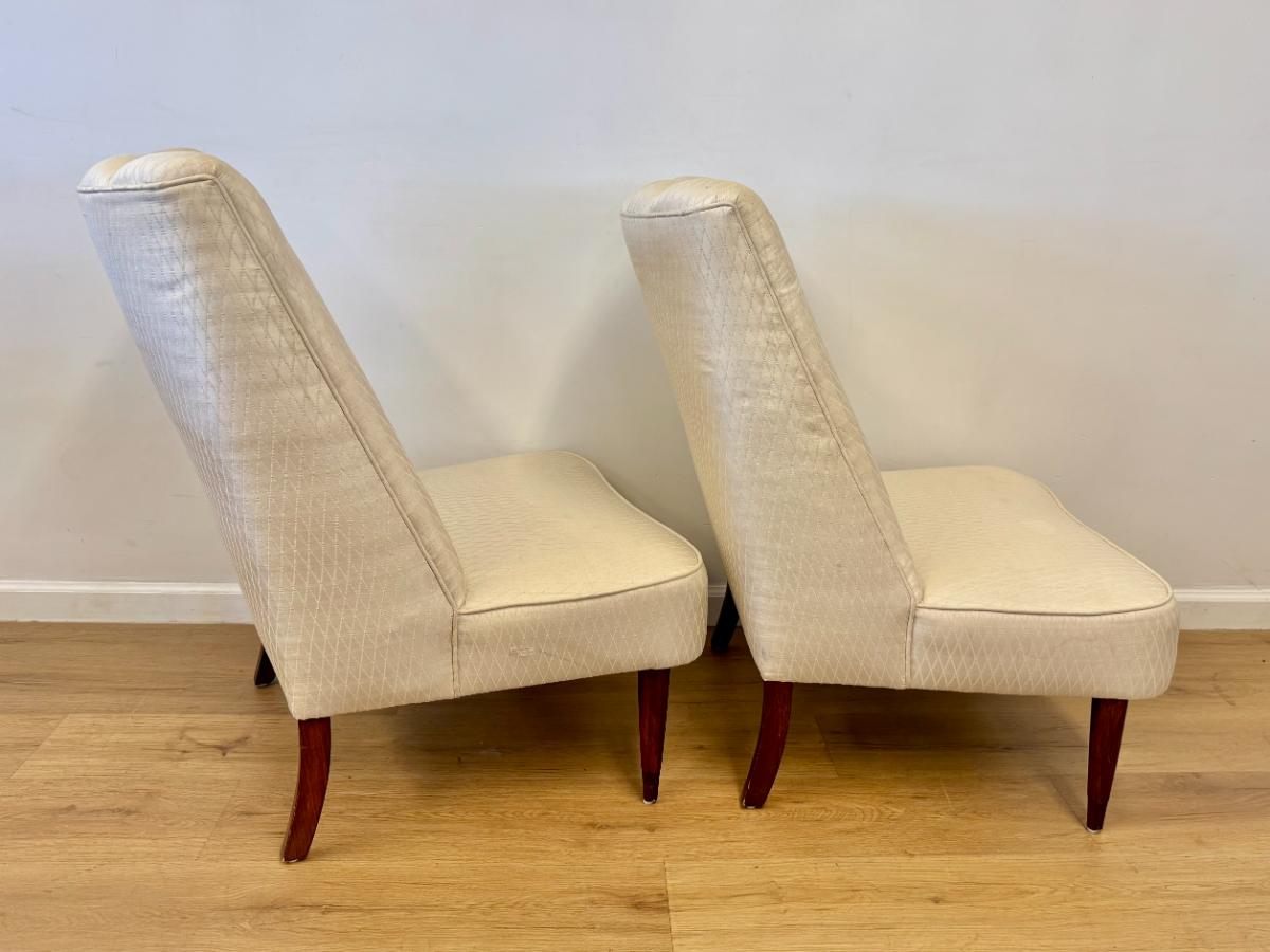 Vintage Channel Back Slipper Chairs in Ivory Upholstery, Pair