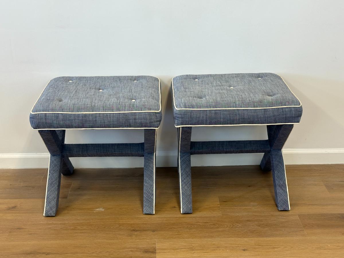 Tufted Parson Style X-Benches in the Style of Billy Baldwin, Pair