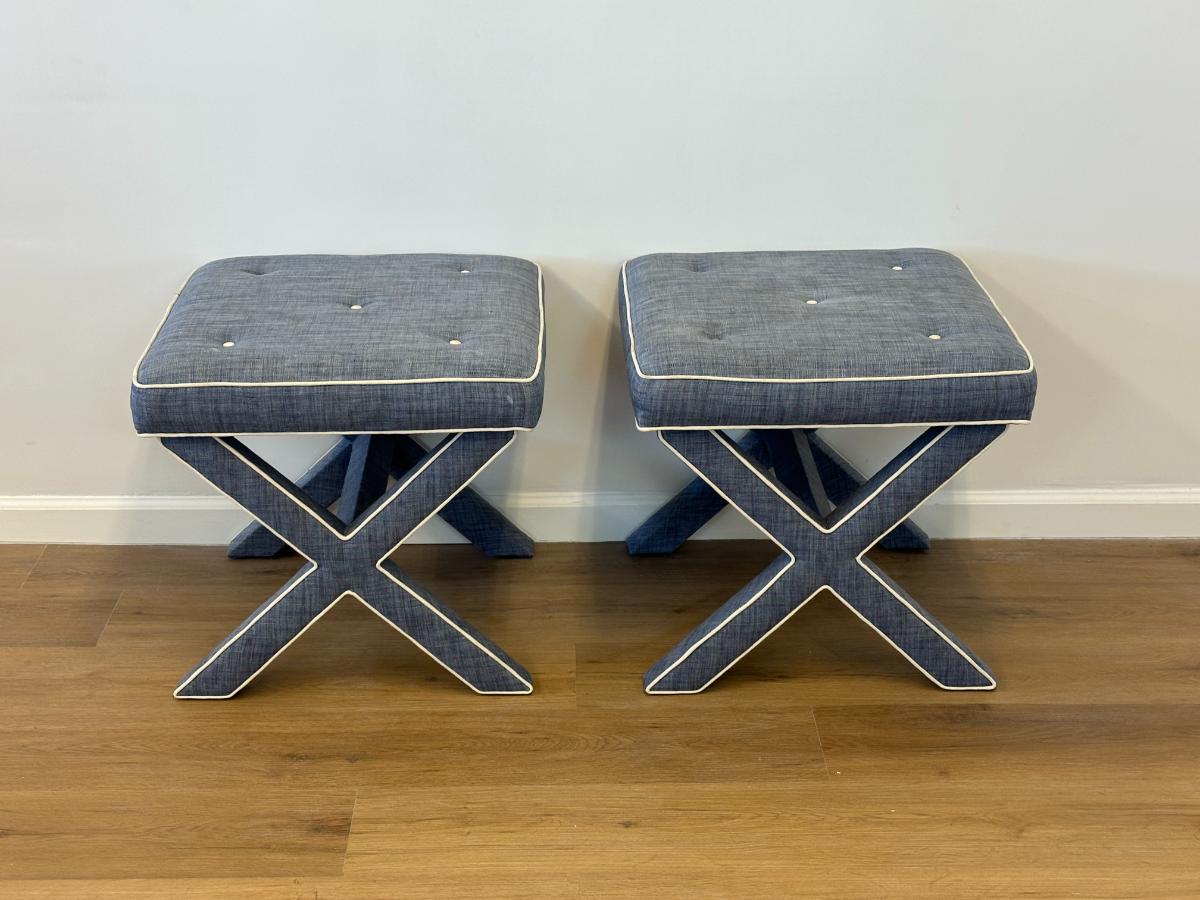 Tufted Parson Style X-Benches in the Style of Billy Baldwin, Pair