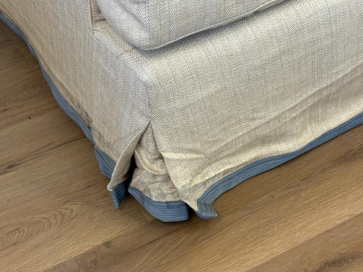 Custom Upholstered Down Slipcovered Sofa with Blue Tape Trim