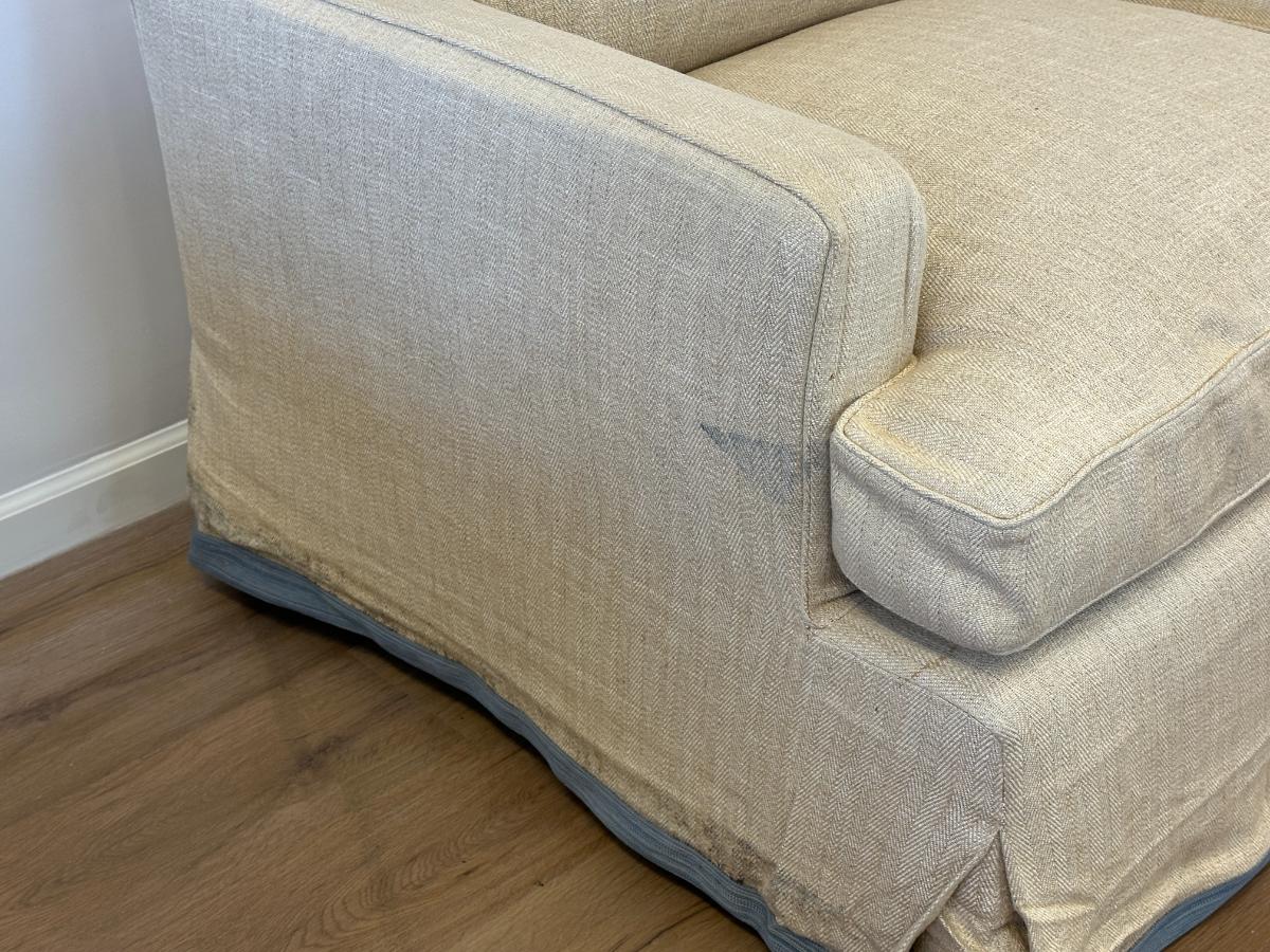 Custom Upholstered Down Slipcovered Sofa with Blue Tape Trim