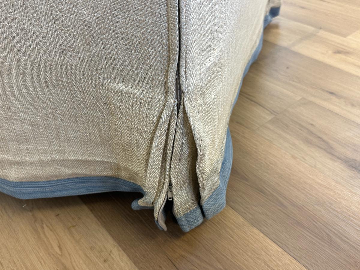 Custom Upholstered Down Slipcovered Sofa with Blue Tape Trim