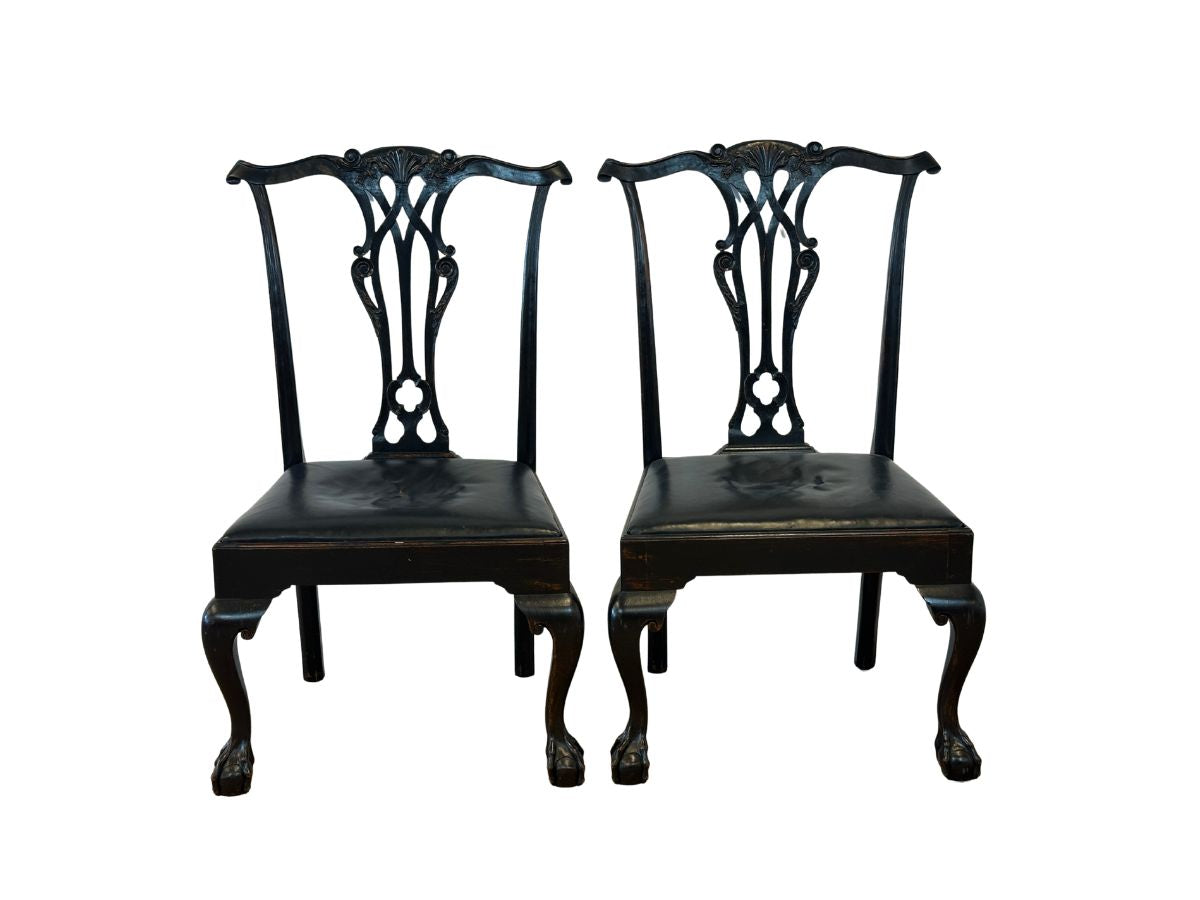 Black Chippendale Side Chairs with Leather Seats, Pair